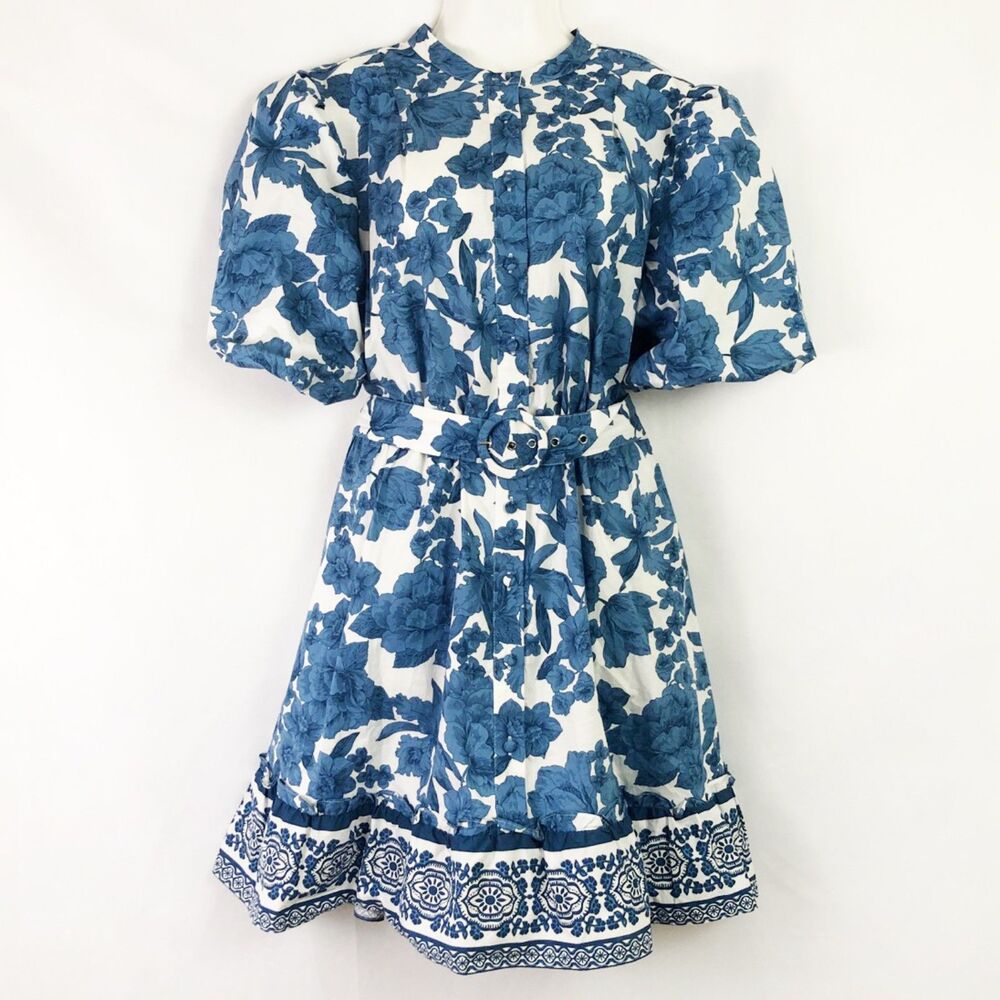 NWOT Joie Floral Puff Sleeve Shirt Dress (16) Blue & White Belted Fit & Flare - Picture 2 of 16